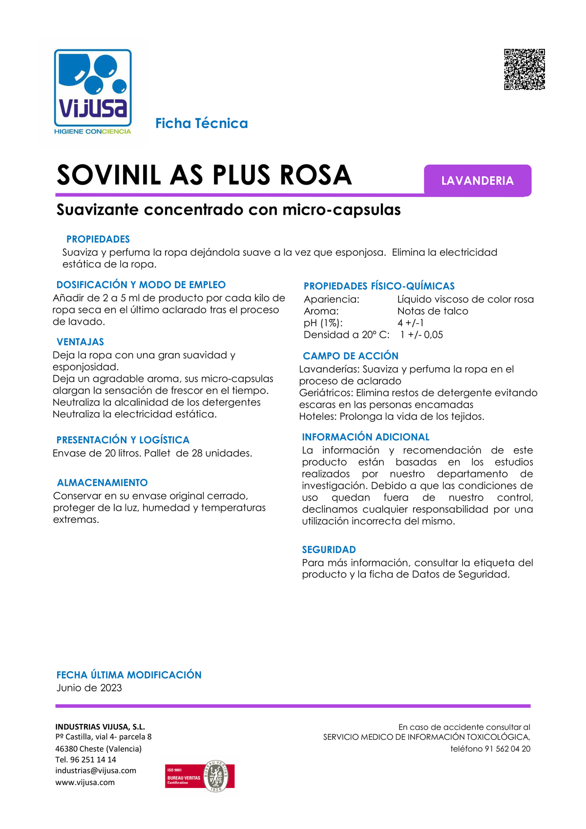 Sovinil AS Plus Rosa - Suavizante concentrado Vijusa